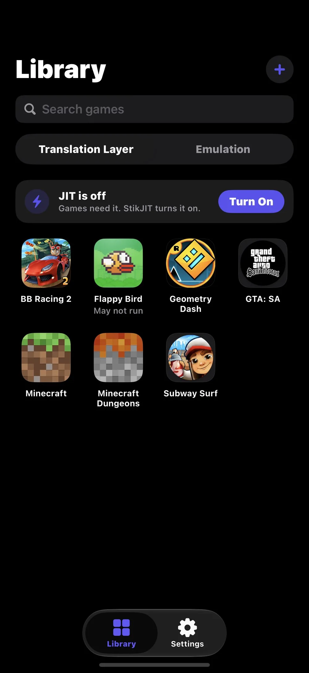 Husk's Library screen in dark mode, with Translation Layer and Emulation tabs, a JIT is off banner with a Turn On button, a + button, and icons for games including Geometry Dash, GTA: SA, Minecraft and Subway Surf