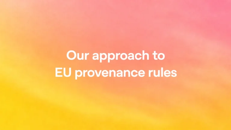 OpenAI title card reading "Our approach to EU provenance rules" in white text over an orange, pink and yellow gradient.