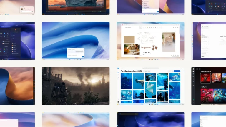 A grid of Windows 11 screens, including the desktop, the Photos app and a game