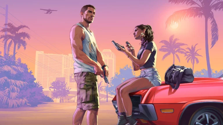 Illustration of Jason, holding a pistol, and Lucia, loading a pistol while sitting on the hood of a red car, with palm trees and a city skyline at sunset