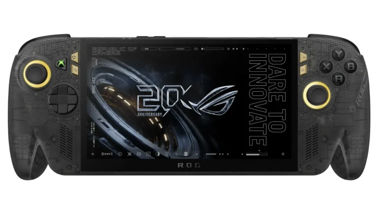 The ROG Xbox Ally X20 handheld from the front, in translucent black with gold-ringed joysticks, a 20th-anniversary ROG wallpaper on its screen