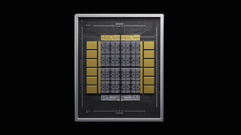 A rendered AI chip package on a black background, with gray dies in the center flanked by rows of gold blocks