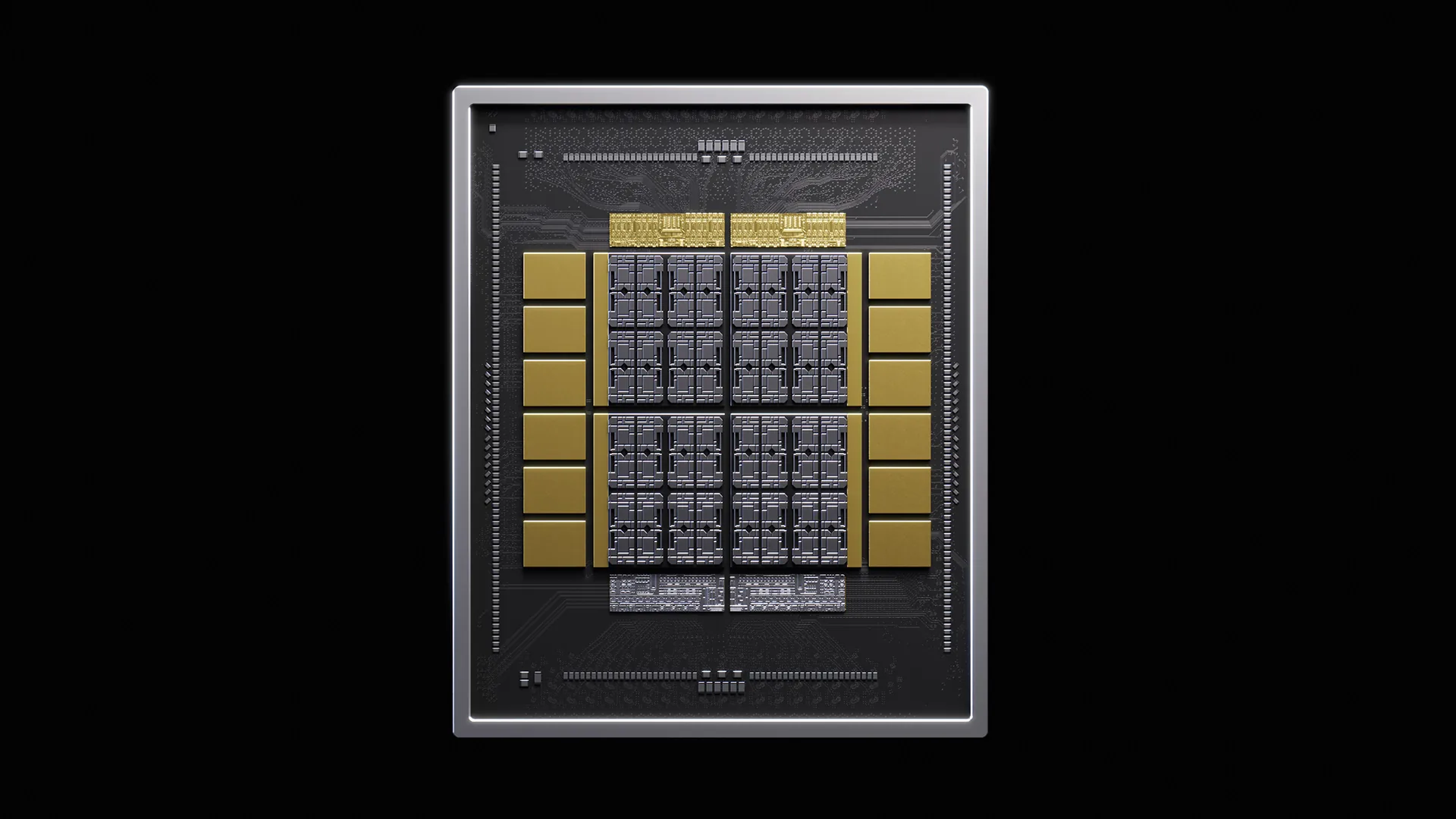 A rendered AI chip package on a black background, with gray dies in the center flanked by rows of gold blocks