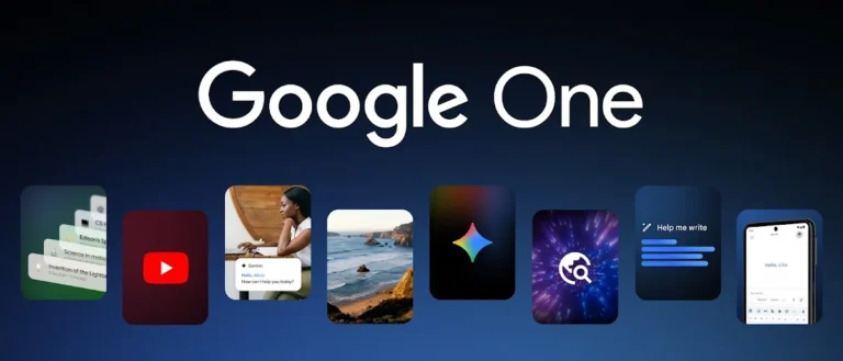 Google One banner showing app tiles for YouTube, Gemini, Google Photos and Gmail's Help me write on a dark blue background