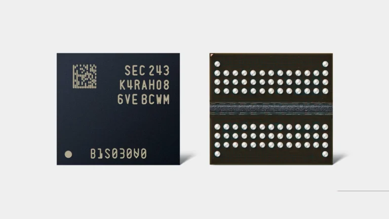 A Samsung DDR5 DRAM chip shown from the front and the back, on a light gray background