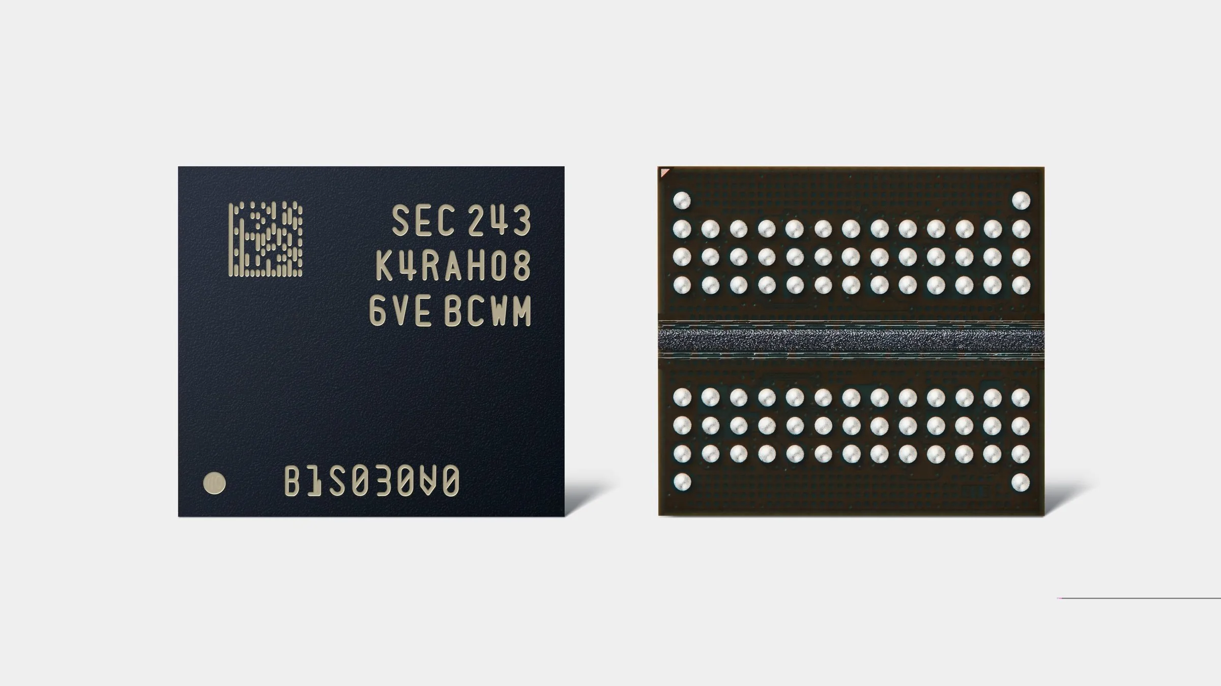 A Samsung DDR5 DRAM chip shown from the front and the back, on a light gray background
