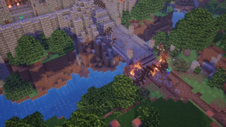 Minecraft Dungeons running on an iPhone in Husk, showing a stone bridge over a river with blocky trees around it