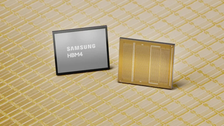 Two Samsung HBM4 memory chips standing on a gold background, one showing its silver top printed with Samsung HBM4 and the other its gold underside