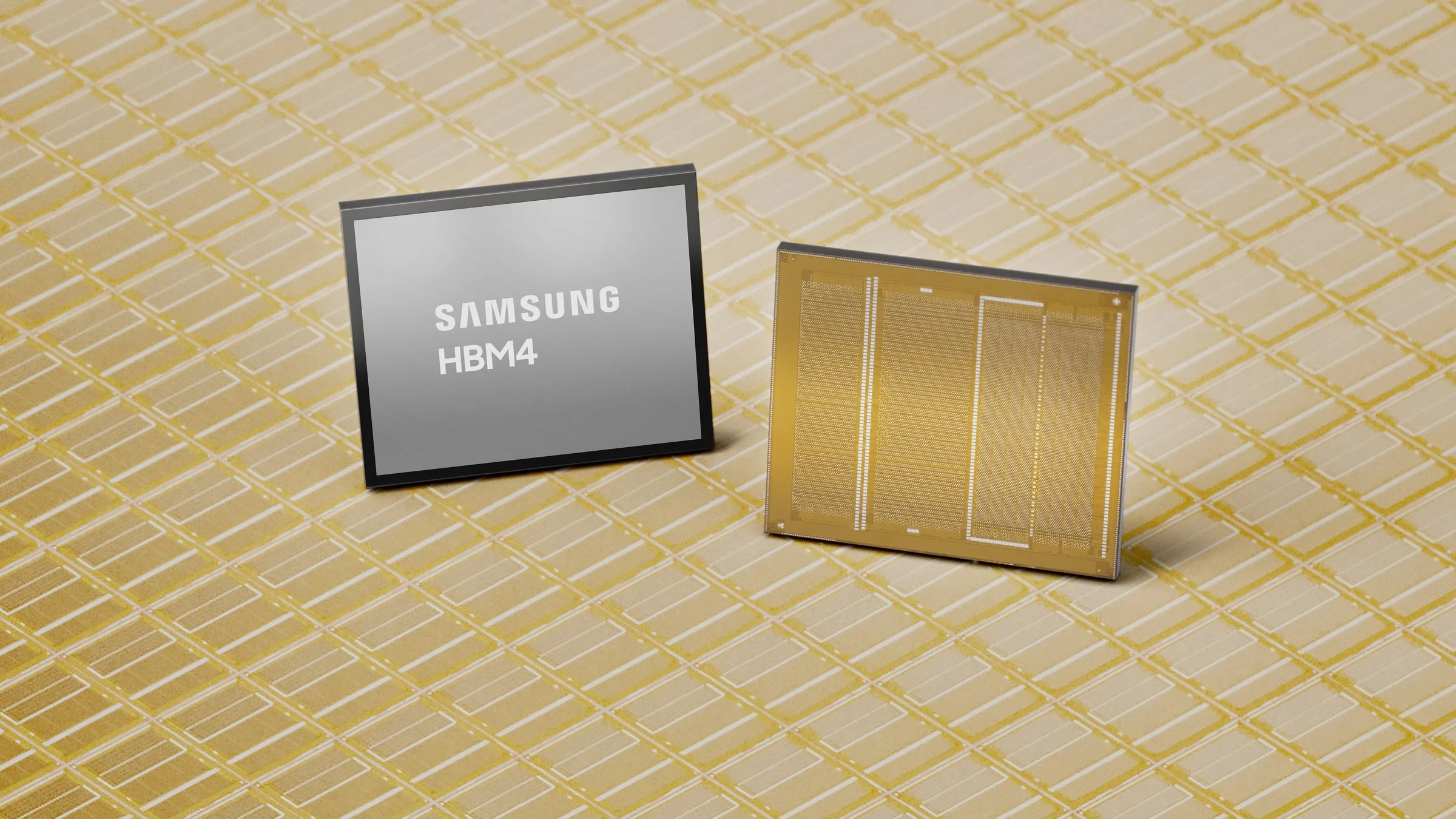 Two Samsung HBM4 memory chips standing on a gold background, one showing its silver top printed with Samsung HBM4 and the other its gold underside