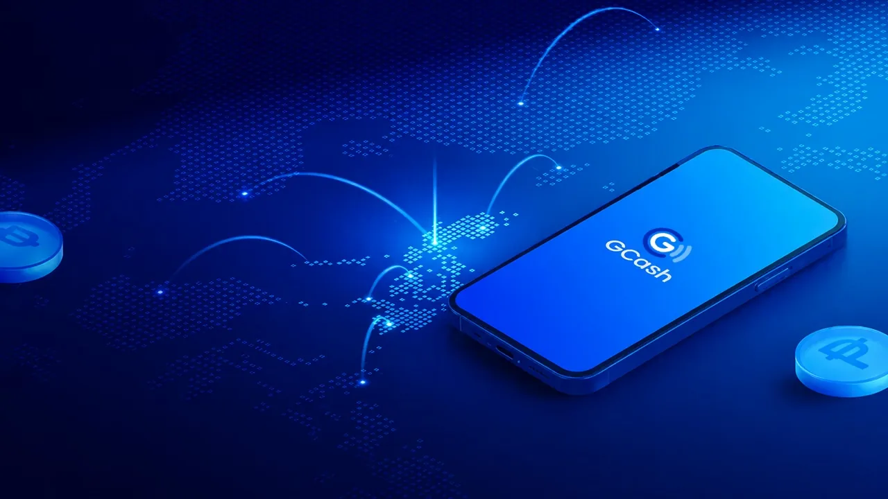 A smartphone showing the GCash logo on a dark blue map of Asia, with glowing arcs and peso coins