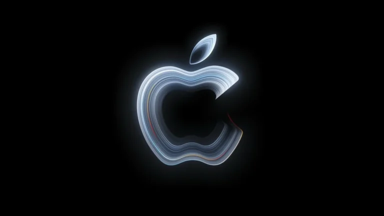 A glowing Apple logo drawn in layered silver-blue light strokes on a black background