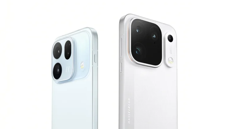 The backs of two Oppo phones on a white background: a light blue Find X10 with three round lenses, and a white Find X10 Pro Max with a large square camera module and a Hasselblad logo