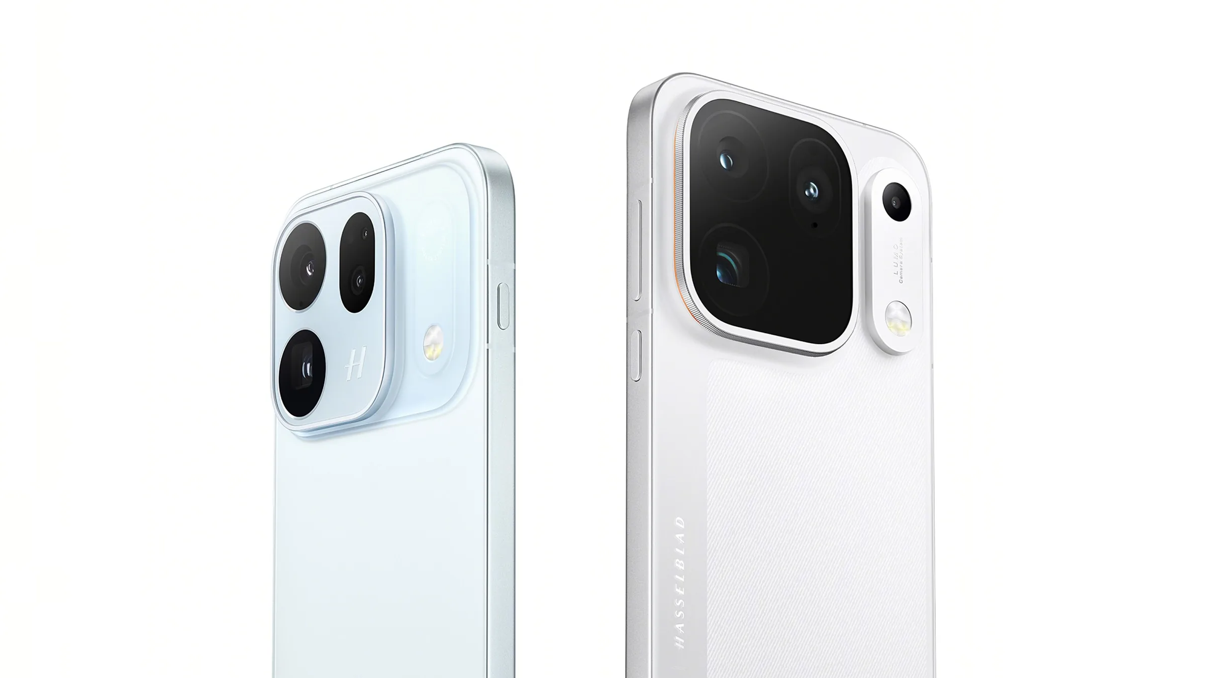 The backs of two Oppo phones on a white background: a light blue Find X10 with three round lenses, and a white Find X10 Pro Max with a large square camera module and a Hasselblad logo