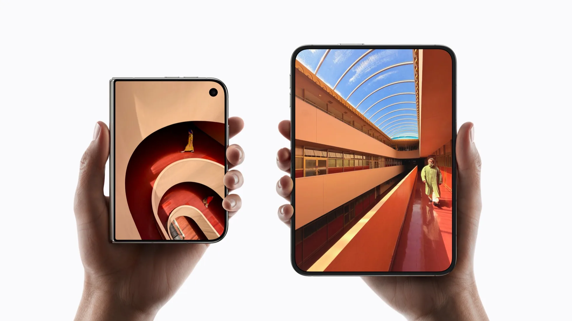 Two hands hold up iPhone Duo phones, one folded to show the outer display and one unfolded to show the larger inner display