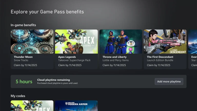 The Xbox Game Pass benefits screen, with a panel showing 5 hours of cloud playtime remaining and an Add more playtime button