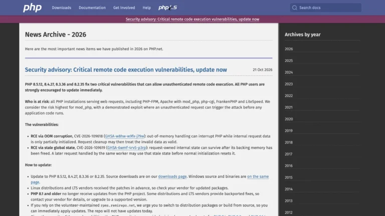 Screenshot of PHP's security advisory on php.net, titled "Security advisory: Critical remote code execution vulnerabilities, update now"