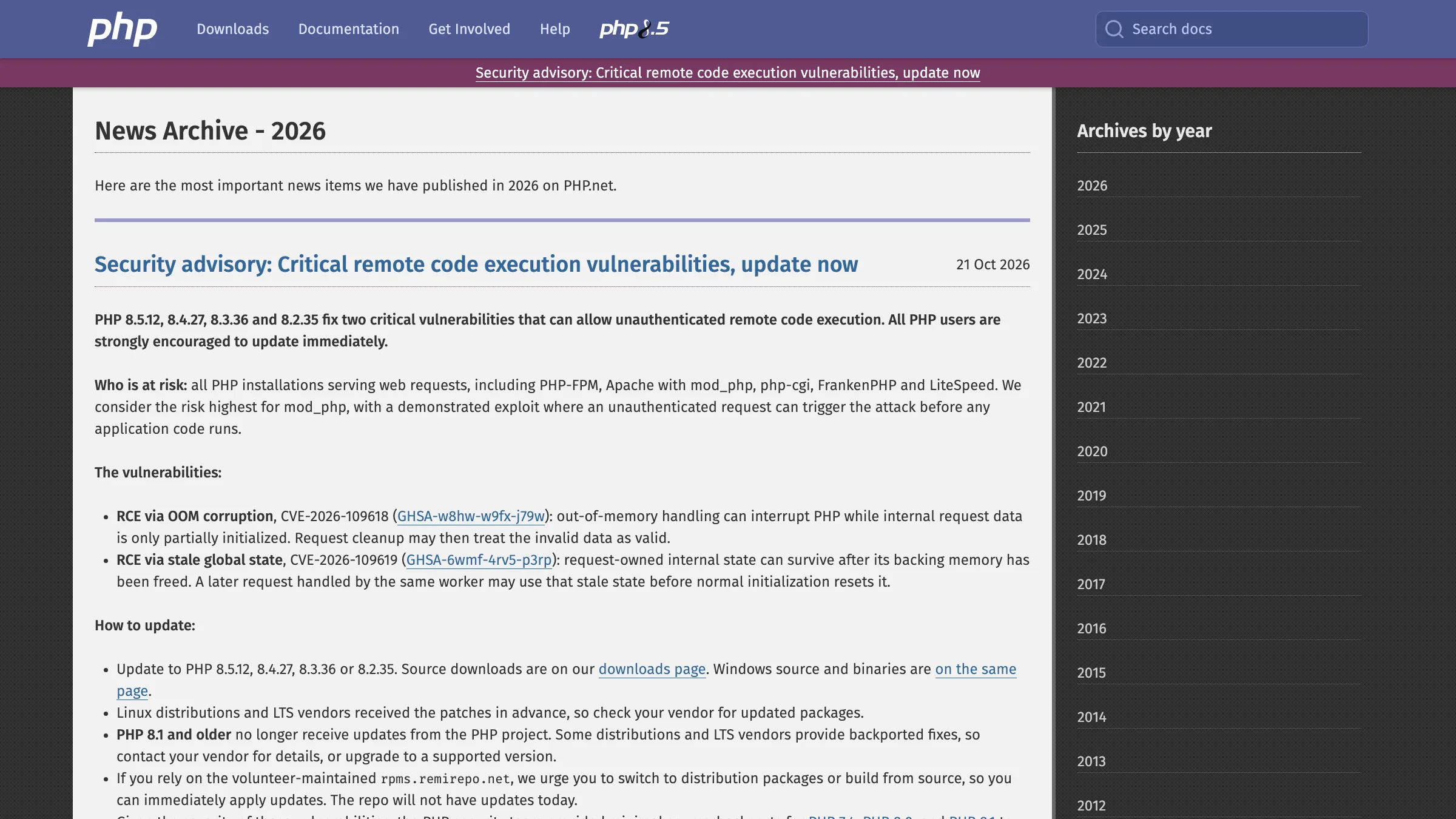 Screenshot of PHP's security advisory on php.net, titled "Security advisory: Critical remote code execution vulnerabilities, update now"