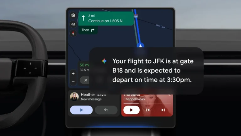 A car's center screen running Android Auto with Google Maps directions, and a Gemini answer reading: Your flight to JFK is at gate B18 and is expected to depart on time at 3:30pm.