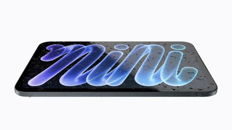 The new iPad mini lying flat with water droplets on its OLED screen