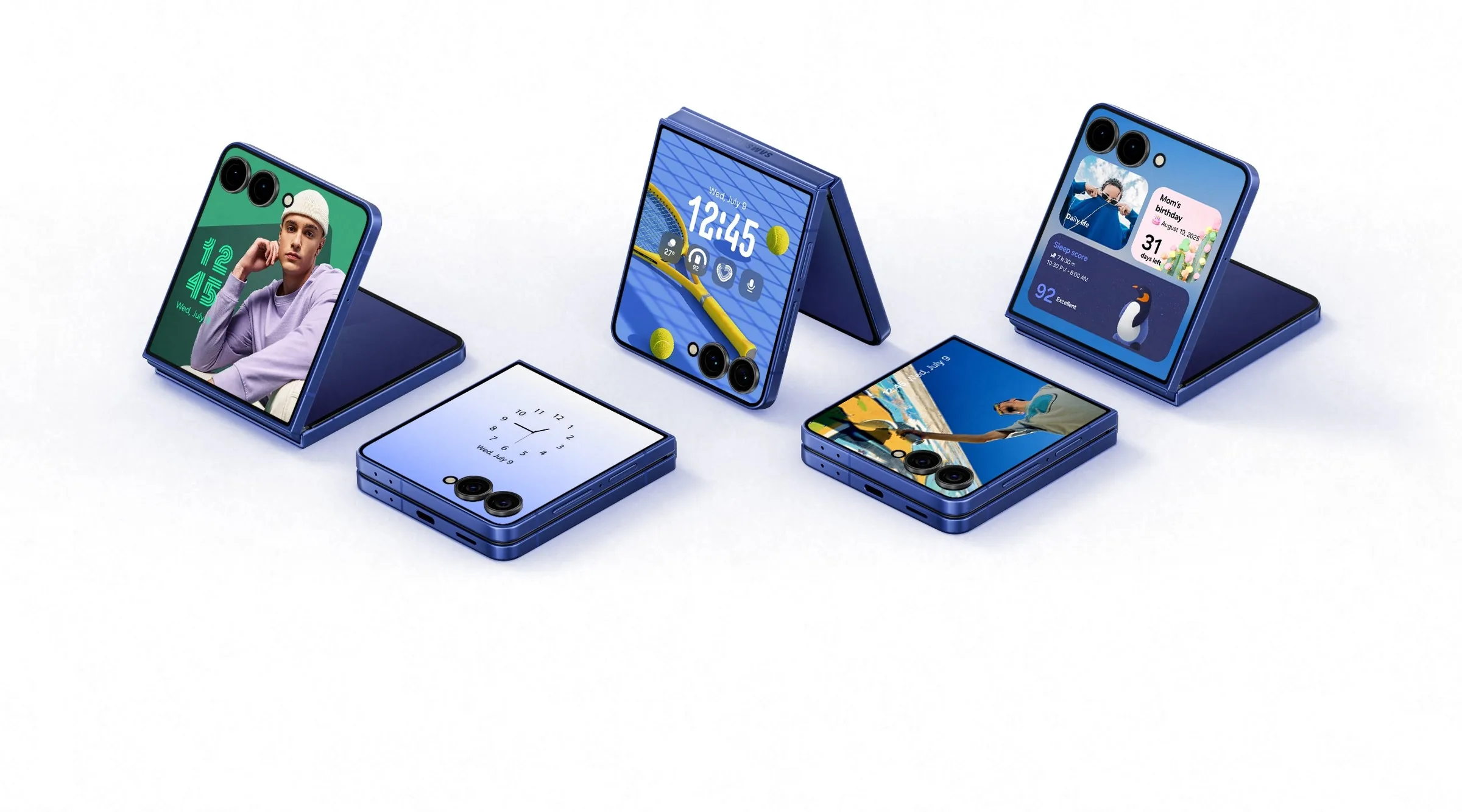 Five blue Samsung Galaxy Z Flip7 phones, half-folded and closed, showing different cover-screen clocks and widgets