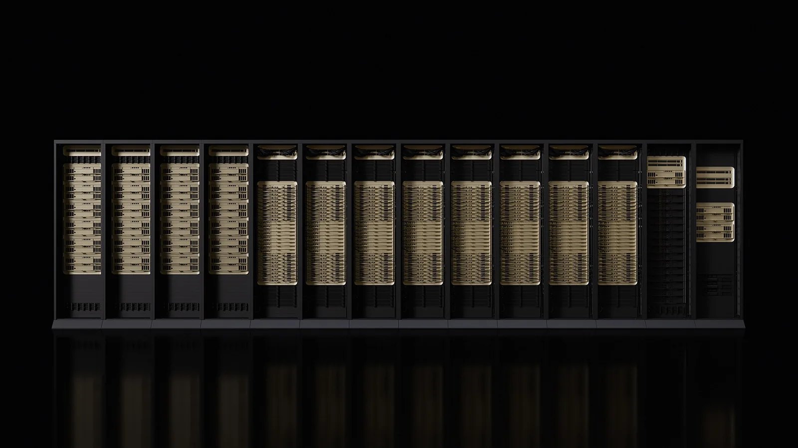 A long row of NVIDIA Rubin platform server racks with gold-colored trays, on a black background
