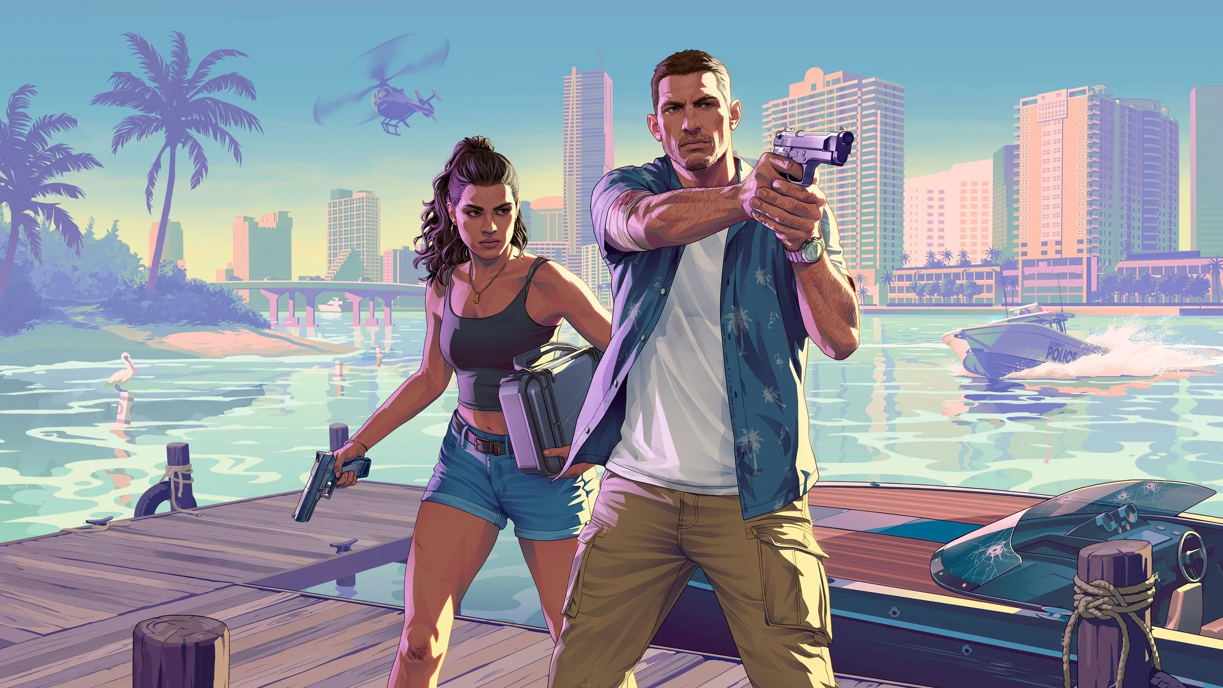 Official artwork of Grand Theft Auto VI's Jason and Lucia holding pistols on a dock, with a Vice City skyline, speedboat and helicopter behind them