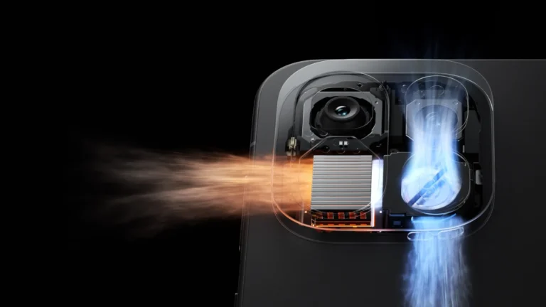 A see-through render of the black OnePlus Ace 7 Pro's camera bump showing a block of metal fins and a small fan, with orange hot air streaming out to the left and blue cool air flowing down the back