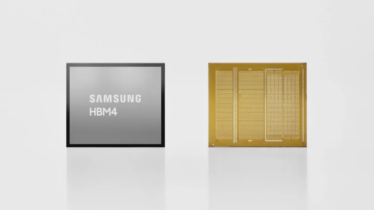 A Samsung HBM4 memory chip shown from the front, with its Samsung HBM4 label, and from the back, with its gold contact pattern, on a light gray background