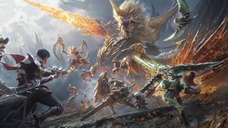 Monster Hunter Outlanders artwork: Adventurers and their Buddies charge at a giant golden-maned monster with glowing crystal wings