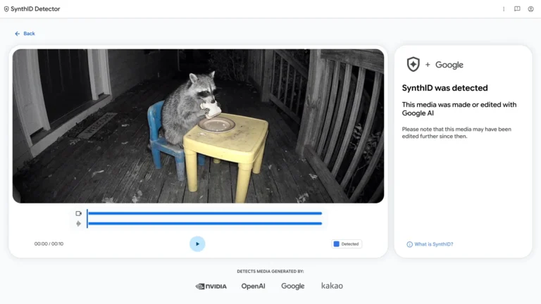 Screenshot of the SynthID Detector website showing a night-vision video of a raccoon eating a sandwich at a small plastic table, with a panel reading "SynthID was detected" and the Nvidia, OpenAI, Google and Kakao names below