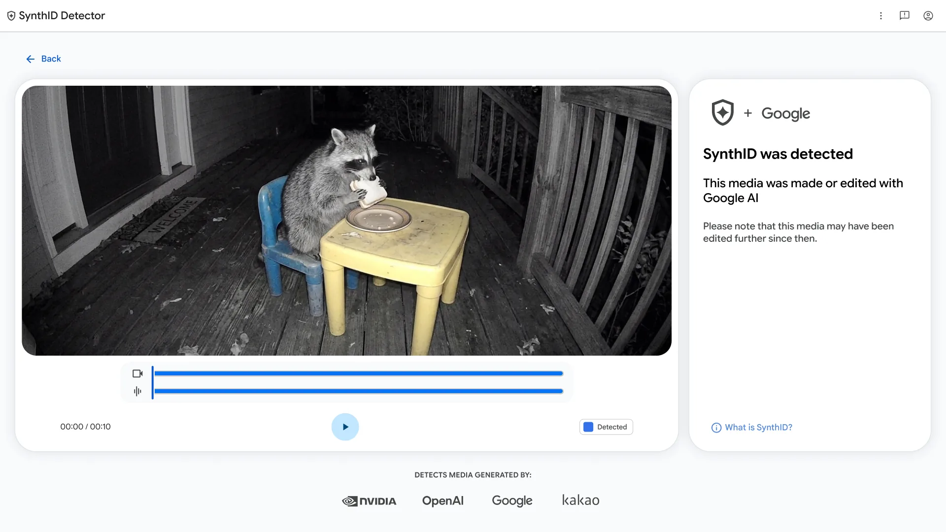 Screenshot of the SynthID Detector website showing a night-vision video of a raccoon eating a sandwich at a small plastic table, with a panel reading "SynthID was detected" and the Nvidia, OpenAI, Google and Kakao names below