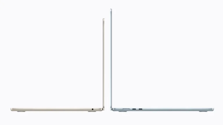Two MacBook Air laptops, a 13-inch and a 15-inch, open and seen from the side against a white background