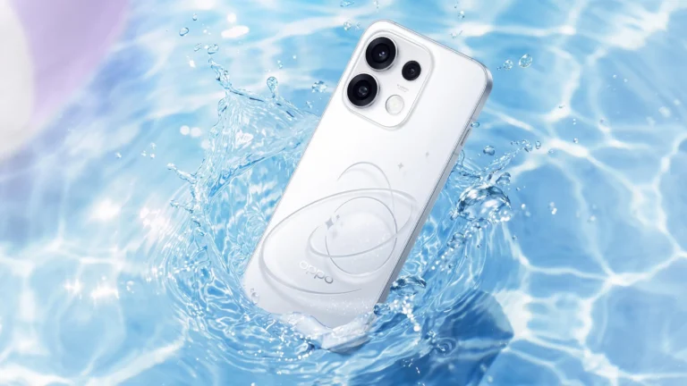 A white Oppo Reno16 Pro 5G landing in a splash of pool water