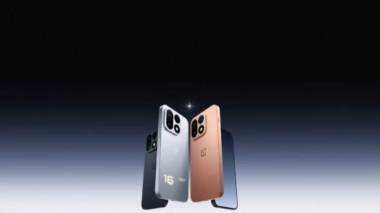 Four OnePlus 16 phones floating against a dark starry sky: a black one, a silver one with a glowing 16 on the back, a copper-red one, and one turned to show its screen