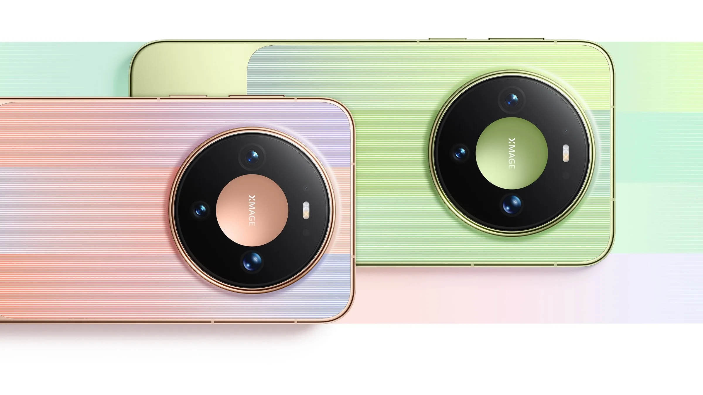 Two Huawei Mate 90 phones seen from the back, one pink and one green, each with a large round camera ring, lying on a pastel striped background.