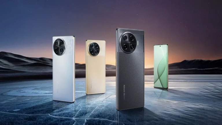 Four Tecno Spark smartphones in silver, gold, black and green standing on a frozen lake at dusk