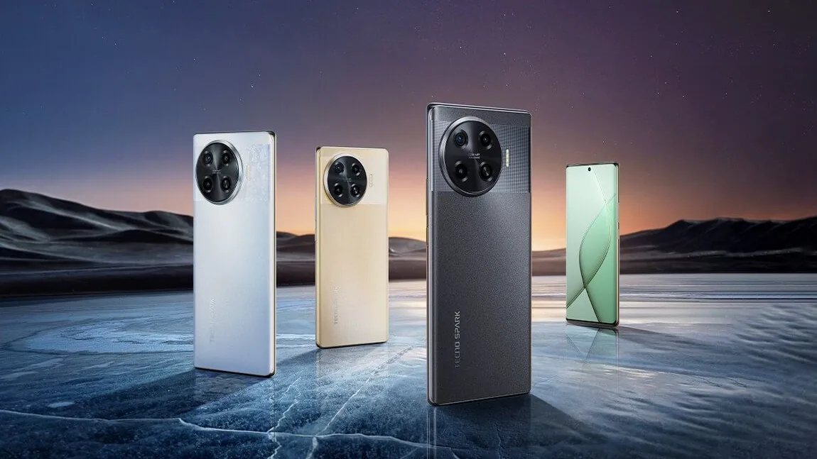 Four Tecno Spark smartphones in silver, gold, black and green standing on a frozen lake at dusk