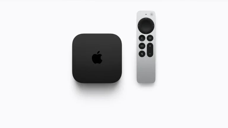 A black Apple TV 4K box next to a silver Siri Remote on a white background