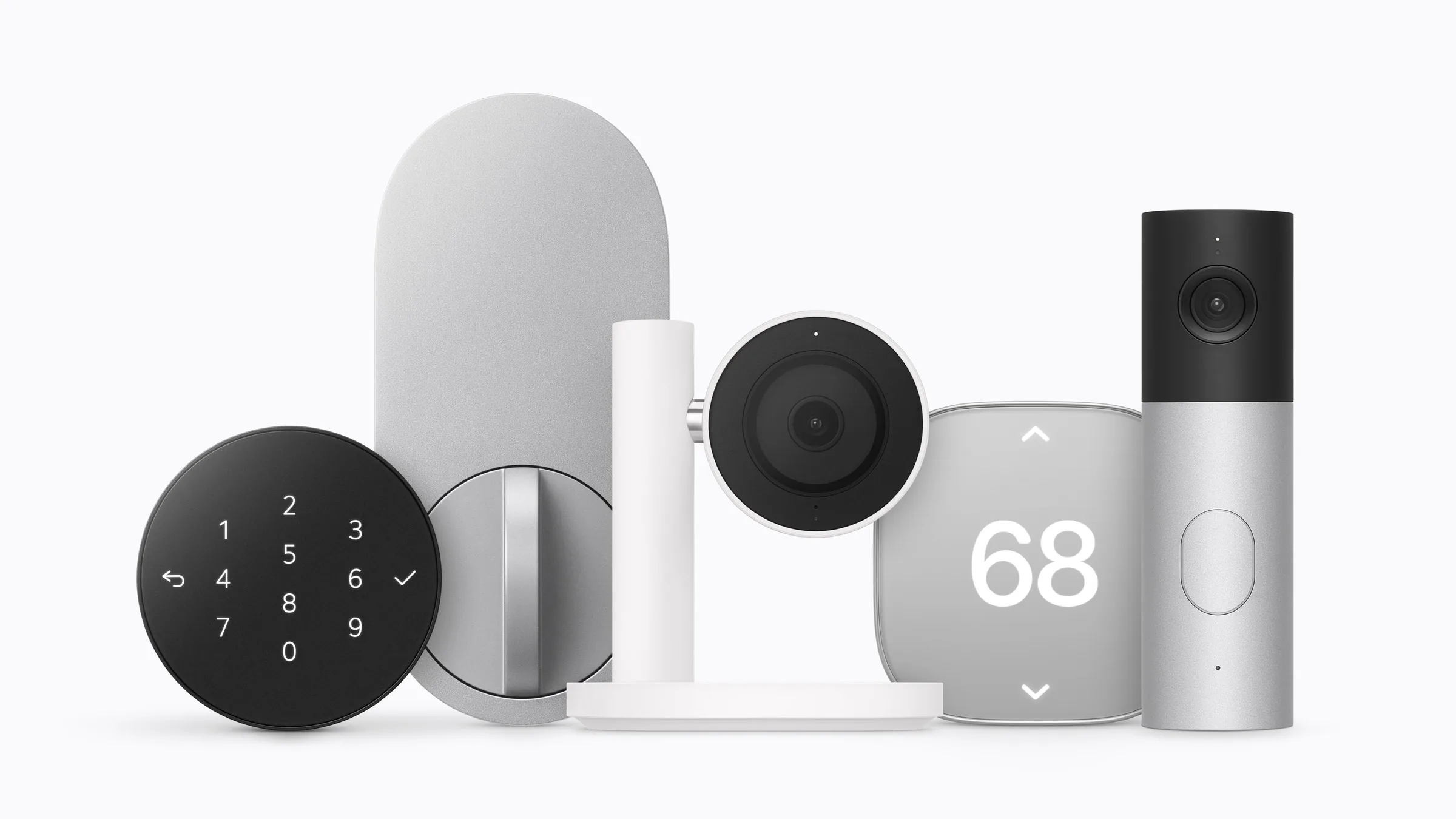 Apple Home Collection accessories in a row: the LG Smart Deadbolt Lock keypad and lock, the LG Indoor Cam Plug-In, a smart thermostat showing 68 and the LG Video Doorbell Wired