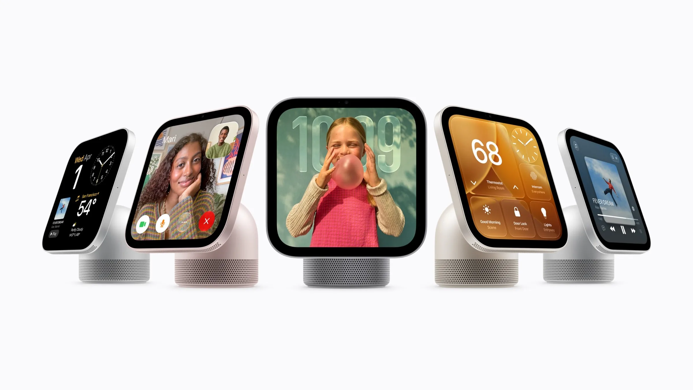 Five Apple HomeView smart displays in a row on speaker bases, their square screens showing a clock, a FaceTime call, a photo, home controls and a music player