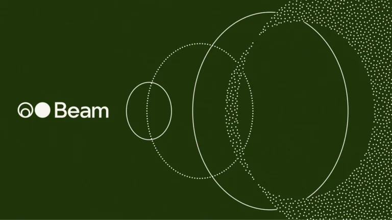 The Beam logo in white on a dark green background, beside overlapping white outlined and dotted circles