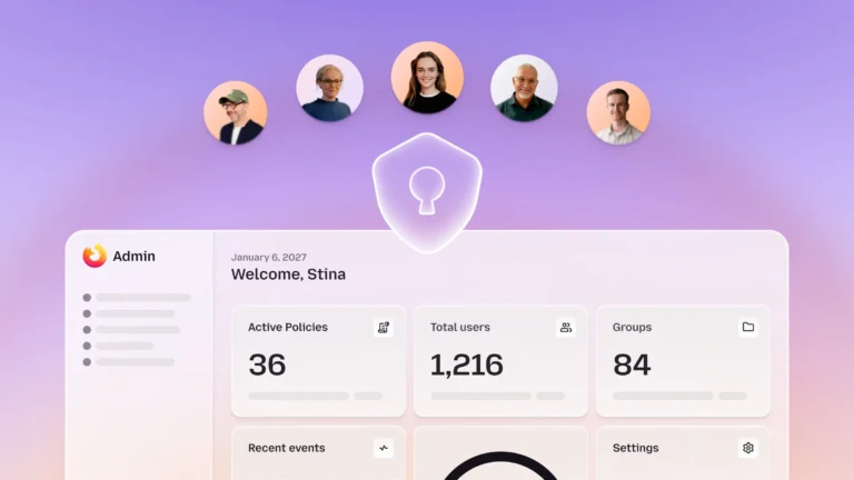 An illustration of the Firefox Enterprise admin console showing active policies, users and groups, under a shield icon and five user portraits