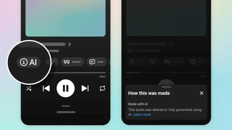 Two phone screens of YouTube Music: an AI label next to the track controls, and a How this was made panel reading Made with AI
