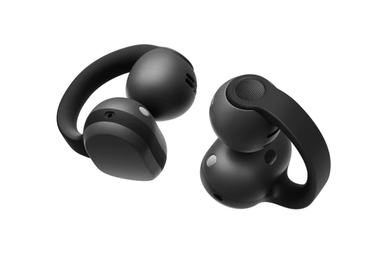 A pair of black Samsung Galaxy Buds On earbuds on a white background, each with a curved band joining a round speaker to a battery pod