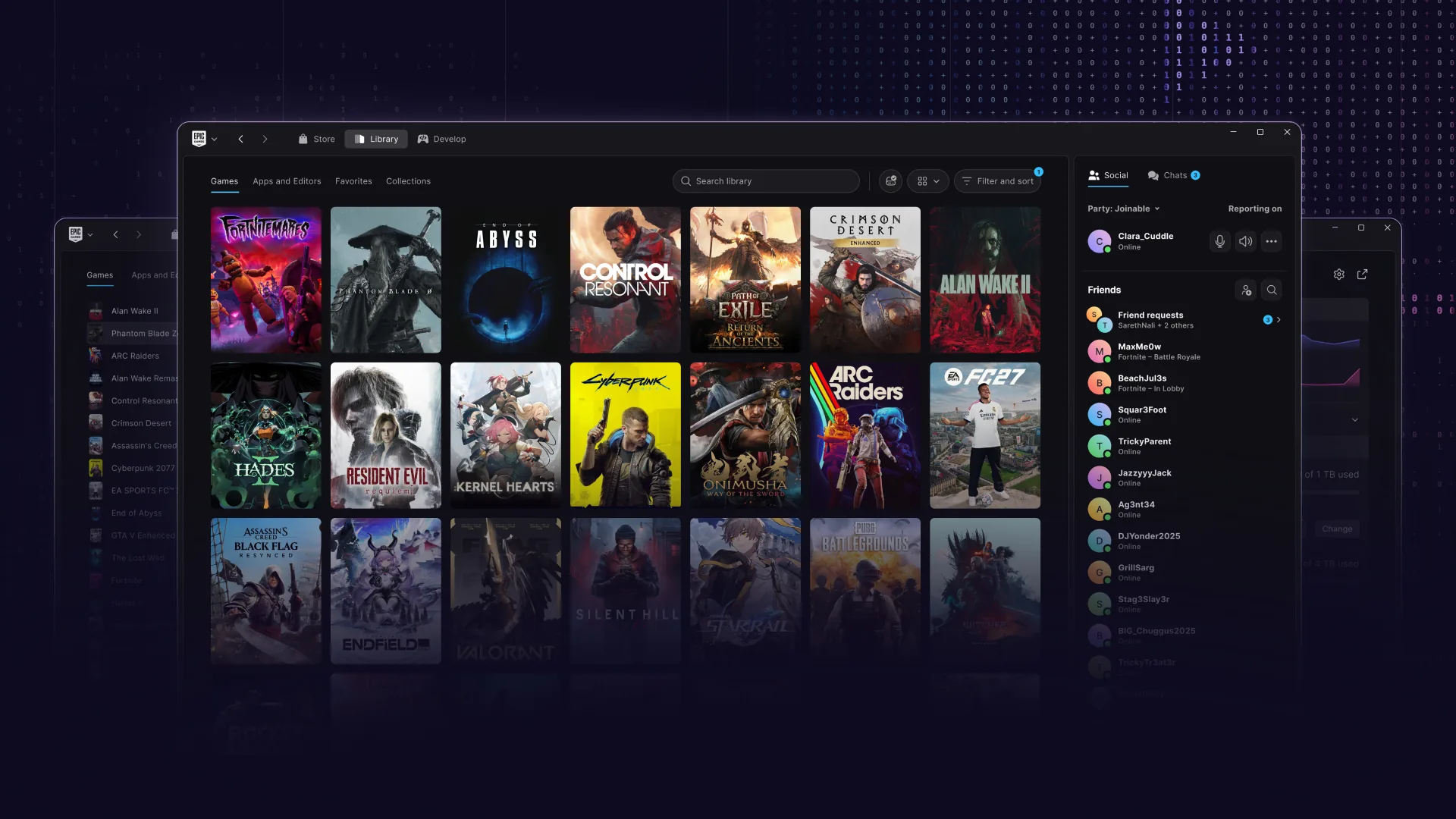 The new Epic Games Launcher's library in grid view, with a friends and party panel on the right