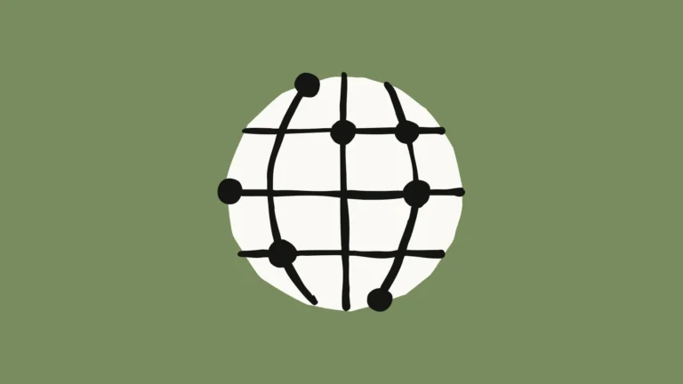 A hand-drawn white globe with black grid lines and dots on an olive green background
