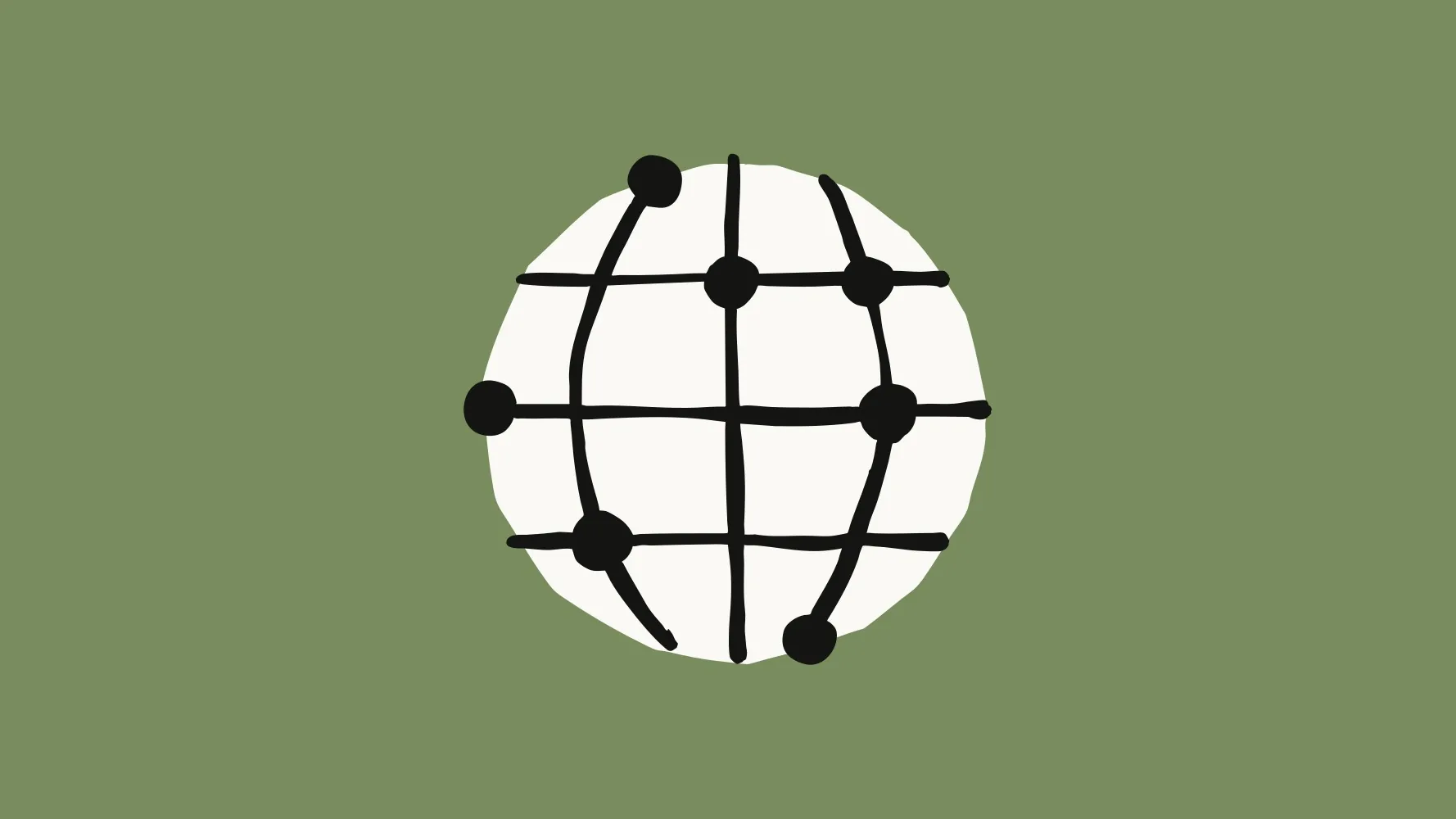 A hand-drawn white globe with black grid lines and dots on an olive green background