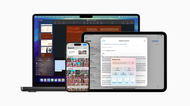 A MacBook Pro, an iPhone and an iPad showing Apple Intelligence Writing Tools and natural-language photo search