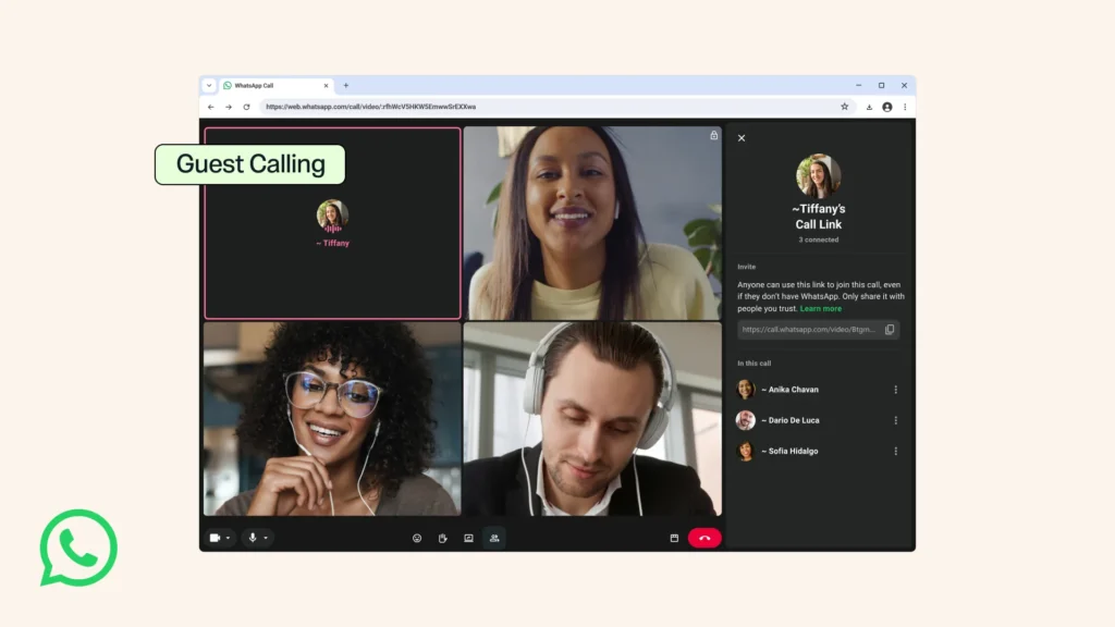 A WhatsApp group video call in a computer browser with a Guest Calling label, four participants and a panel with the call link and who is in the call