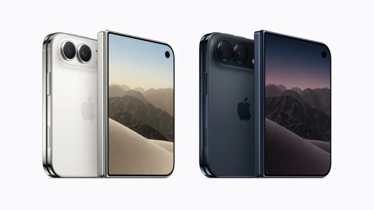Two iPhone Duo foldable phones half open, one in white titanium and one in dark blue, each showing its dual rear cameras and inner screen